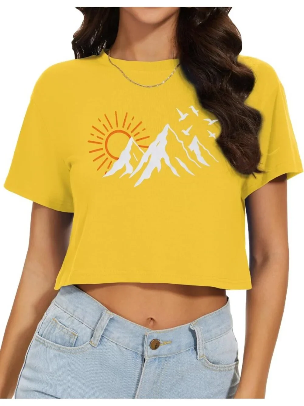 Women's Yellow Sun Mountains Short Sleeve Round Neck Loose Fit Summer Crop Tops - Picture 5 of 6